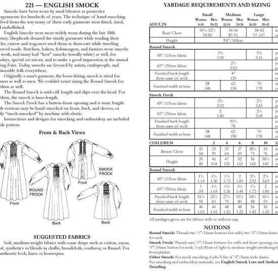 Photo of back cover shows size and yardage chart.  Includes fabric suggestions and description.