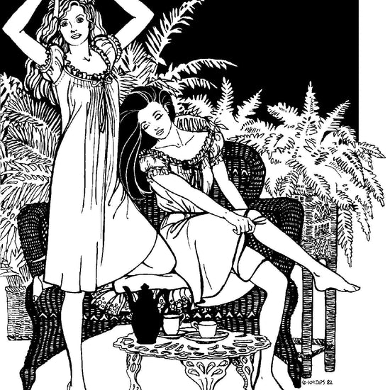 Black and white pen and ink drawing by Gretchen Shields. Two women, one standing on the left tying a ribbon in her hair, and the other on the right sitting on a woven lounge chair pulling up her socks, in front of a bush ferns, with a coffee table in front with tea set. Both women wearing 223 A Lady's Chemise.