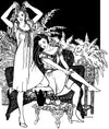 Black and white pen and ink drawing by Gretchen Shields. Two women, one standing on the left tying a ribbon in her hair, and the other on the right sitting on a woven lounge chair pulling up her socks, in front of a bush ferns, with a coffee table in front with tea set. Both women wearing 223 A Lady's Chemise.