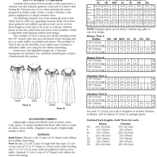 Photo of back cover shows size and yardage chart.  Includes fabric suggestions and description.