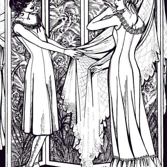 Pen and ink illustration of two women wearing the slips and looking at fabric on a dress hanging on a screen.