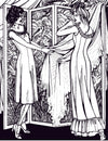 Pen and ink illustration of two women wearing the slips and looking at fabric on a dress hanging on a screen.