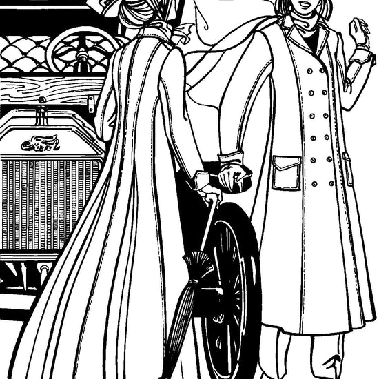 Black and white pen and in drawing by Gretchen Shields. Two women conversing in front of a model T ford wearing 230 Model T Duster.