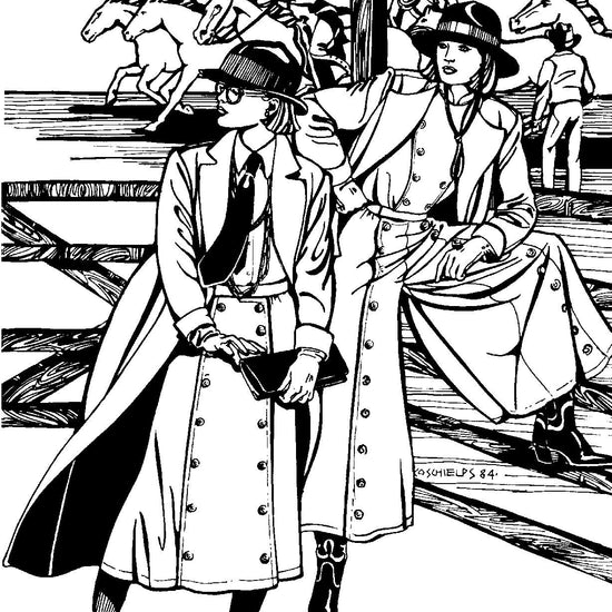 Black and white pen and in drawing by Gretchen Shields. Two women in front of men riding horses in the background, both wearing 231 Big Sky Riding skirt one with the movable front panel buttoned to the left for a skirt effect and the other buttoned to the right for a pants effect.