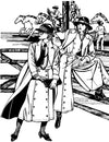 Black and white pen and in drawing by Gretchen Shields. Two women in front of men riding horses in the background, both wearing 231 Big Sky Riding skirt one with the movable front panel buttoned to the left for a skirt effect and the other buttoned to the right for a pants effect.