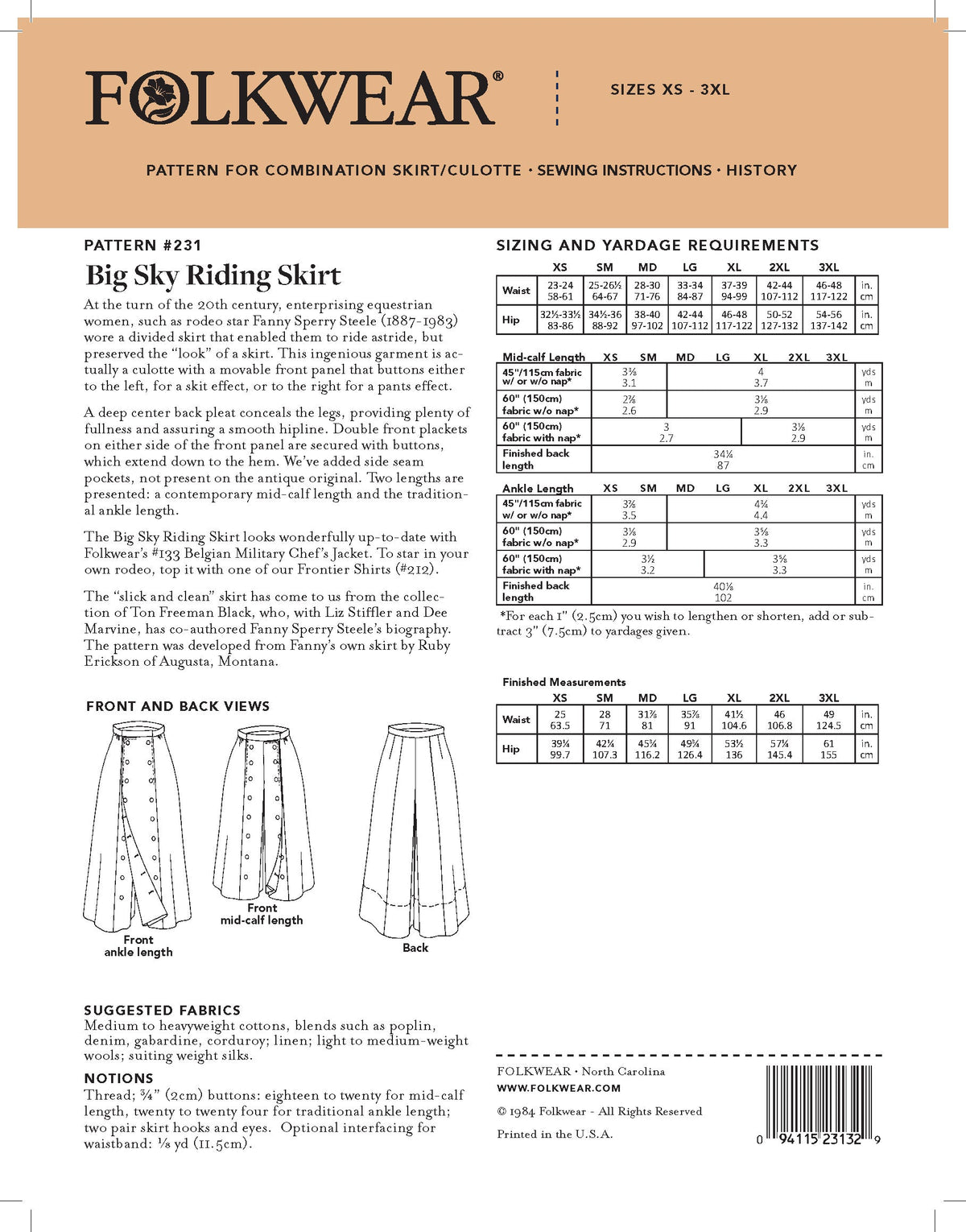 Digital Sewing Pattern - 231 Big Sky Riding Skirt by Folkwear