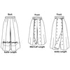 line drawing of coulotte pants in 3 views - 2 front with shorter and longer legs, and one back view
