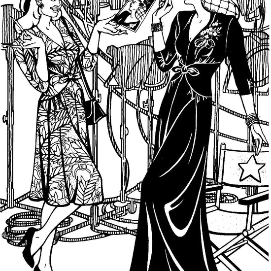 Black and white pen and ink drawing by Gretchen Shields. Two women on a movie set wearing the 233 Glamour Girl Dress one at knee length the other ankle length.