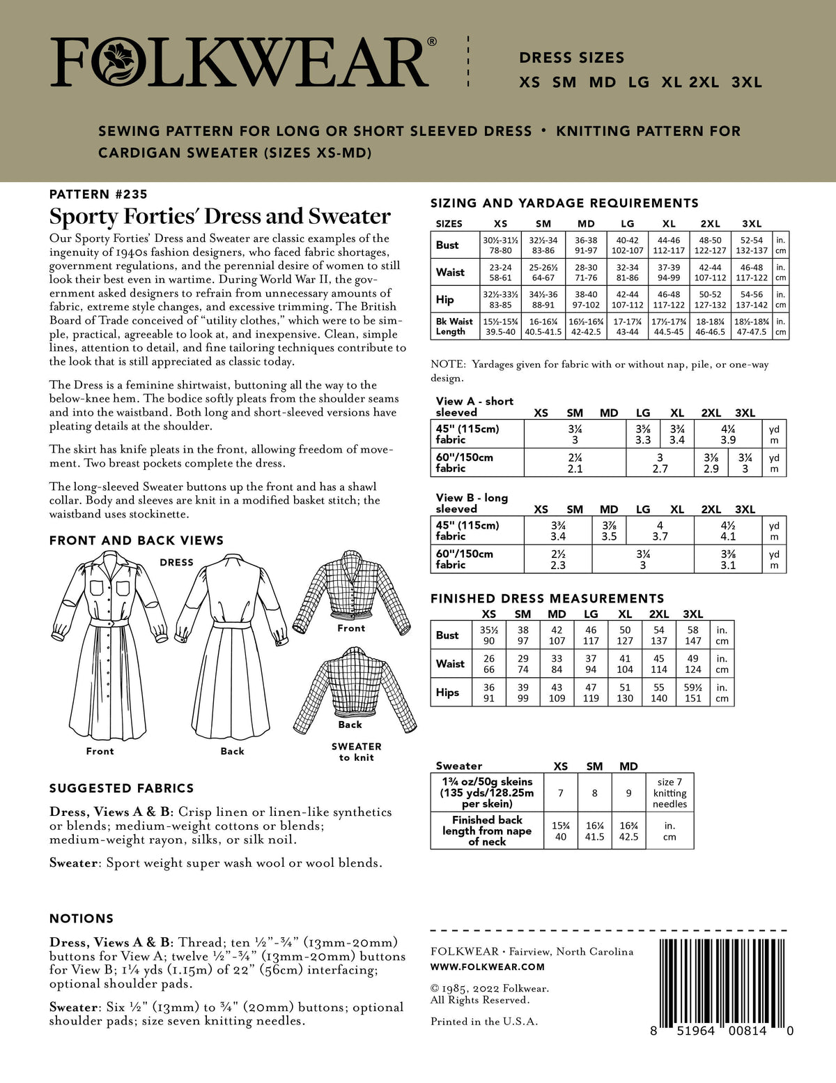 Digital Sewing Pattern - 235 Sporty Forties' Dress by Folkwear