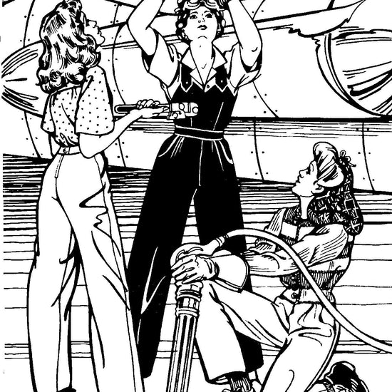 Black and white pen and ink drawing by artist Gretchen Shields. Three women wearing 240 Rosie the Riveter while fixing an airplane