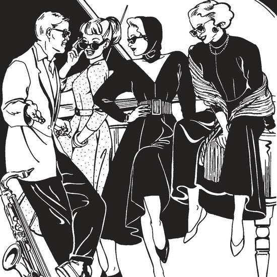 Black and white pen and ink illustration of three women in fit and flair dresses wearing sunglasses and talking to a man with a saxophone.