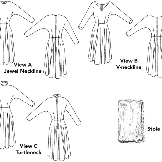 flat lays of front and back of each view of this dress with three neckline options and a stole to knit.
