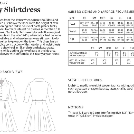 Photo of back cover shows size and yardage chart.  Includes fabric suggestions and description.