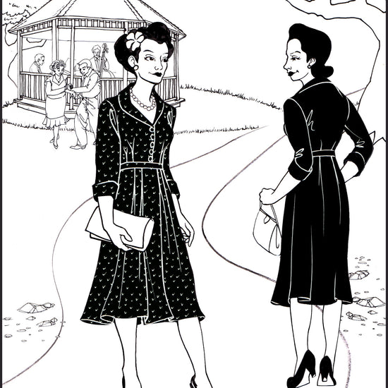 Black and white pen and ink drawing by Gretchen Shields. Two women walking past each other in a park wearing the 247 Lindy Shirtdress and heels.