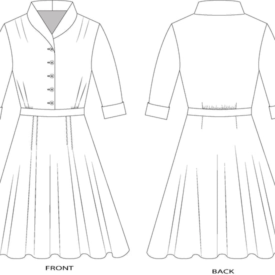 Black and white flat line pattern drawings of front and back view of 247 Lindy Shirtdress
