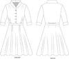 Black and white flat line pattern drawings of front and back view of 247 Lindy Shirtdress