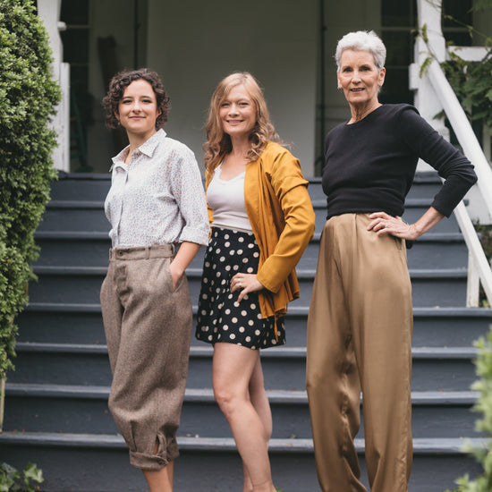 Three women, two young women and an older woman wearing the 250 Hollywood pants, one wearing knickers, trousers and shorts