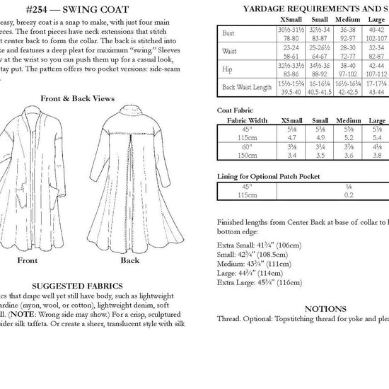back of pattern envelope with description, line drawings, fabric suggestions, and sizing chart