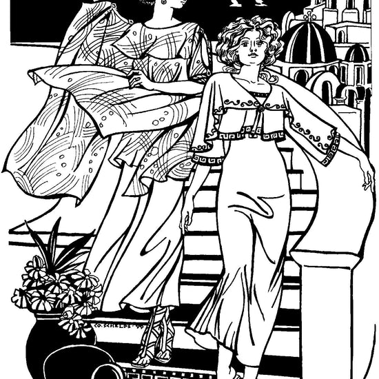 Black and white pen and ink drawing by artist Gretchen Shields. two women walking down stairs, the woman on the left is wearing #266 Greek Island Tunic, the woman on the right is wearing the #266 Greek Island Dress and jacket.