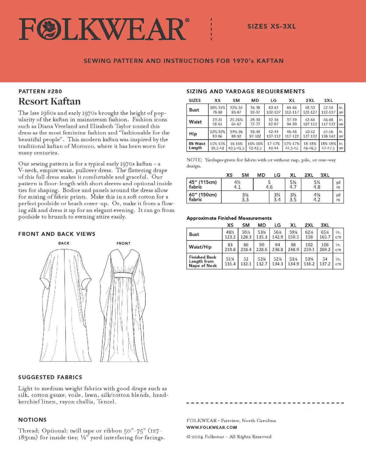 Digital Sewing Pattern - 280 Resort Kaftan by Folkwear