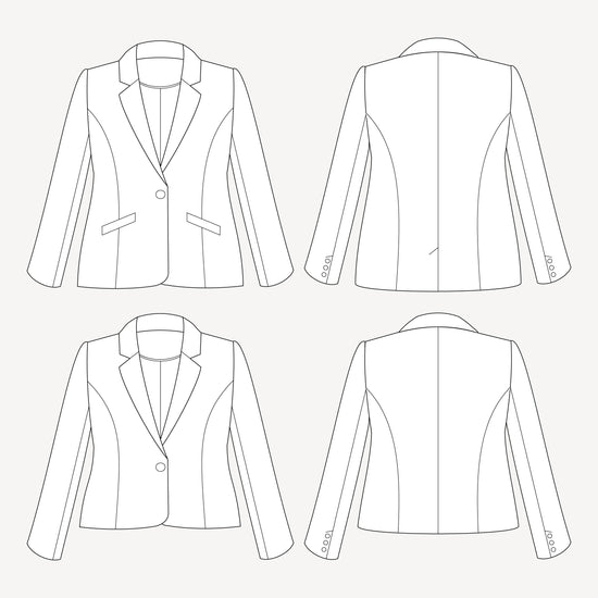 Line drawing of a blazer from multiple angles on a white background. This blazer is the Auburn Blazer sewing pattern from Cashmerette.