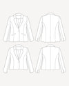 Line drawing of a blazer from multiple angles on a white background. This blazer is the Auburn Blazer sewing pattern from Cashmerette.