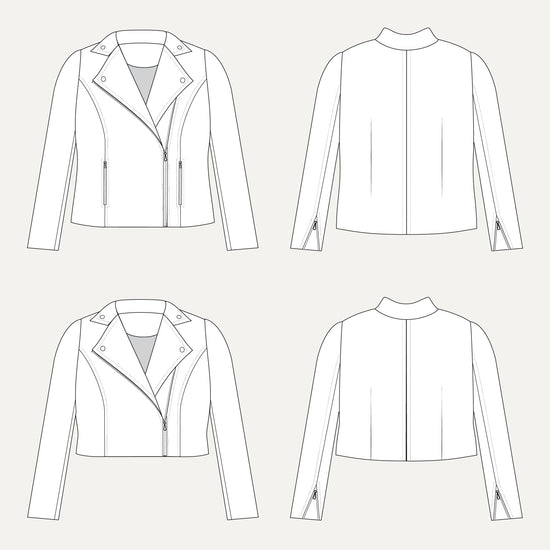 Line drawing of a jacket from multiple angles on a white background. This biker jacket is the Canton Moto Jacket sewing pattern from Cashmerette.