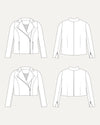 Line drawing of a jacket from multiple angles on a white background. This biker jacket is the Canton Moto Jacket sewing pattern from Cashmerette.