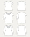 Line art of various t-shirt designs on a white background. This t-shirt is the Concord T-Shirt sewing pattern from Cashmerette.
