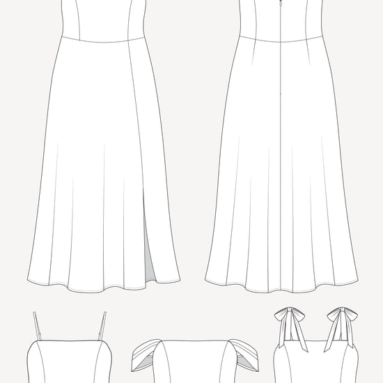 Line drawings of various strapless dresses on a white background. This dress is the Ellington Strapless Dress sewing pattern from Cashmerette.