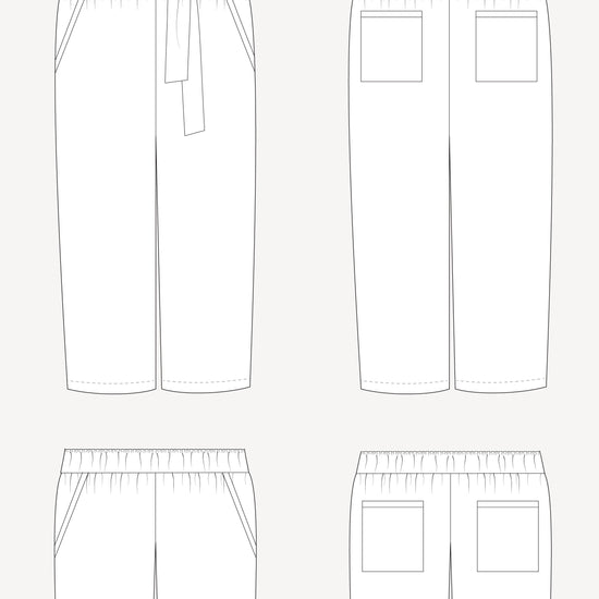 Line drawing of a pair of pants with a belt and front pockets on a white background. These pants are the Everett Pants & Shorts sewing pattern from Cashmerette.