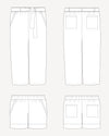 Line drawing of a pair of pants with a belt and front pockets on a white background. These pants are the Everett Pants & Shorts sewing pattern from Cashmerette.