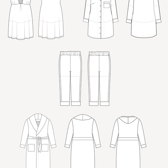 Set of black line drawings of various clothing items on a white background. This is the Fiske Sleepwear Set sewing pattern from Cashmerette.