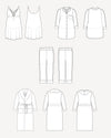 Set of black line drawings of various clothing items on a white background. This is the Fiske Sleepwear Set sewing pattern from Cashmerette.