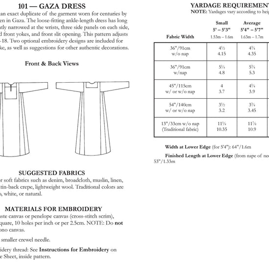 back of pattern envelope with description, line drawings, fabric suggestions, and sizing chart