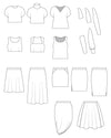 Line drawings of various clothing items including shirts, tops, and skirts on a white background.. This is the Grafton Dress, Top & Skirt sewing pattern from Cashmerette.
