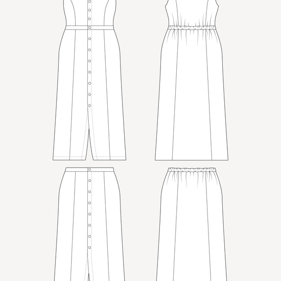 Line drawing of a dress and skirt on a white background. This is the Holyoke Maxi Dress & Skirt sewing pattern from Cashmerette.