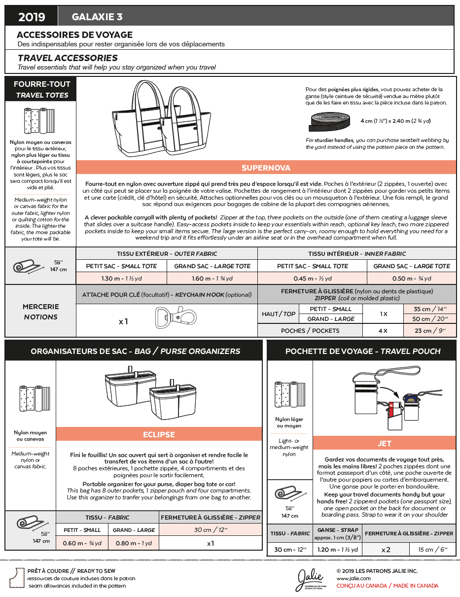 Digital Sewing Pattern - 2019 // GALAXIE 3 - Travel Accessories by Jalie
