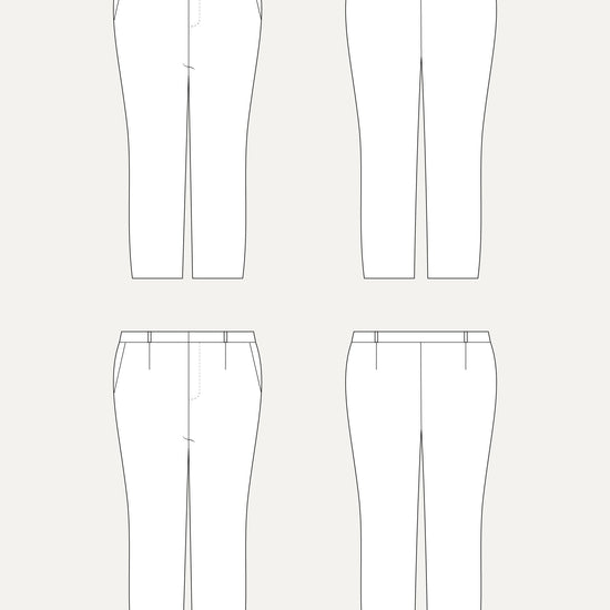 Technical drawing of a pair of pants from multiple angles on a white background. These pants are the Meriam Trousers sewing pattern from Cashmerette.