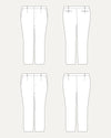 Technical drawing of a pair of pants from multiple angles on a white background. These pants are the Meriam Trousers sewing pattern from Cashmerette.
