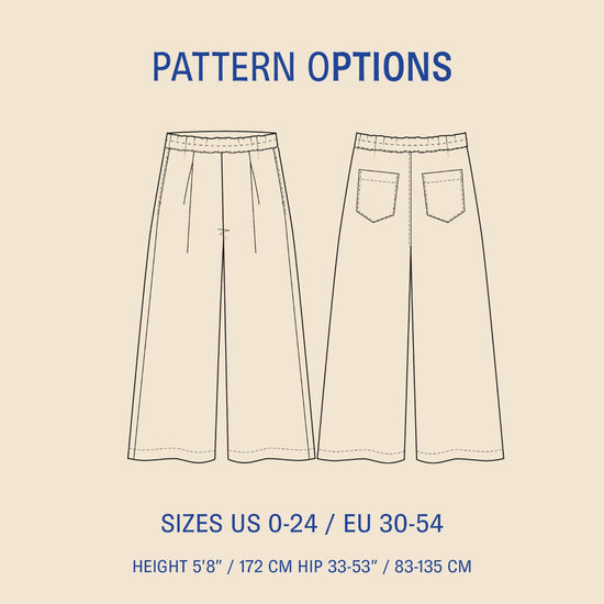 Outline of a pair of pants with pattern options text on a beige background