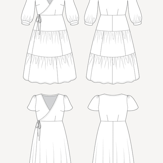 Line art of a dress from multiple angles on a white background. This dress is the Roseclair Wrap Dress sewing pattern from Cashmerette.