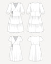 Line art of a dress from multiple angles on a white background. This dress is the Roseclair Wrap Dress sewing pattern from Cashmerette.