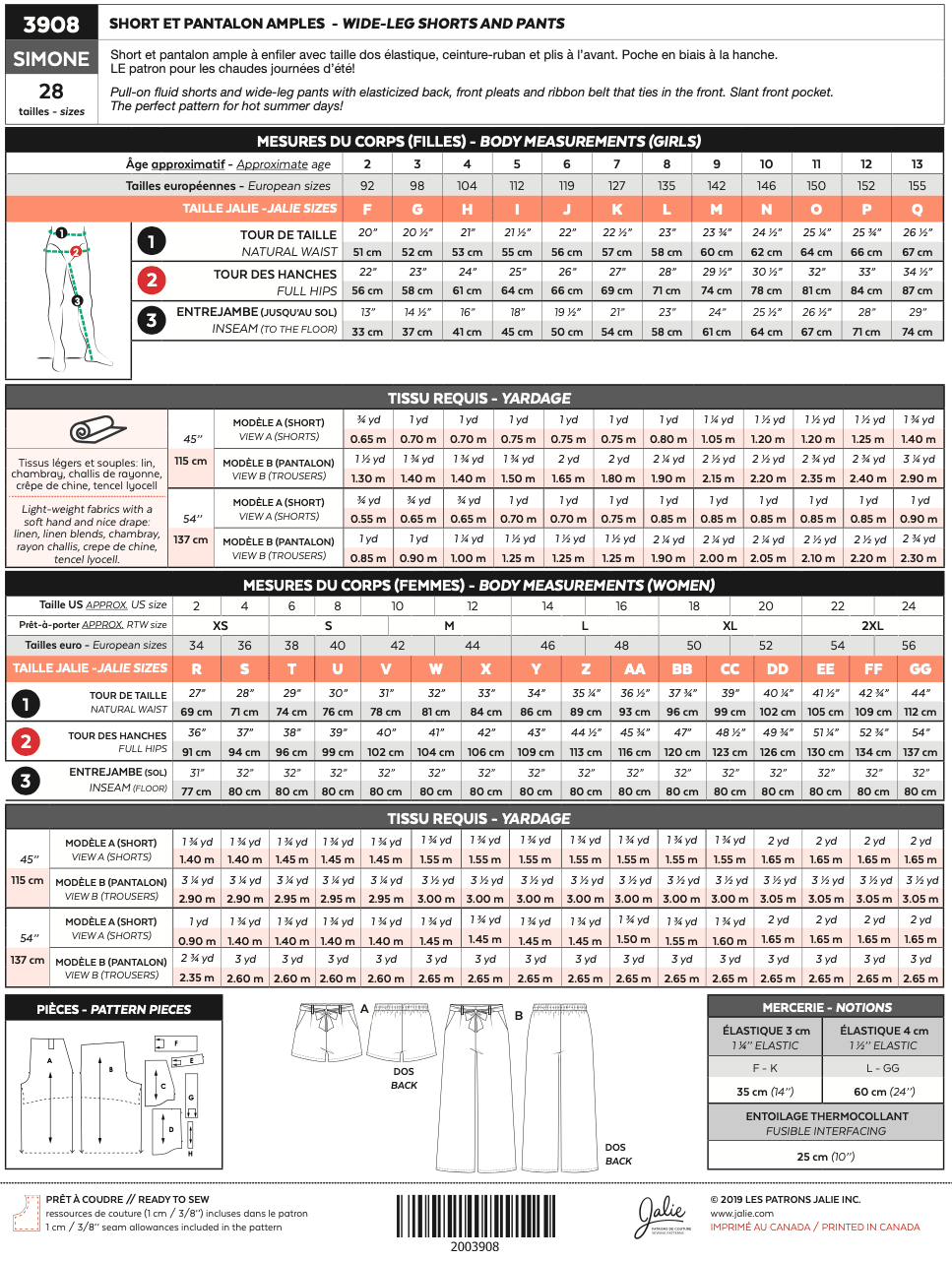Digital Sewing Pattern - 3908 // SIMONE Wide-Leg Shorts and Pants by Jalie
