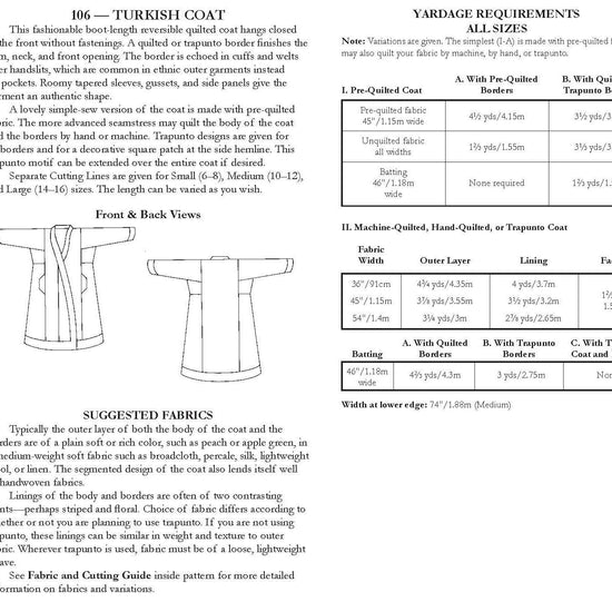 back of pattern envelope with description, line drawings, fabric suggestions, and sizing chart