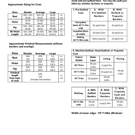 Sizing and yardage chart picture for 106 Turkish Coat