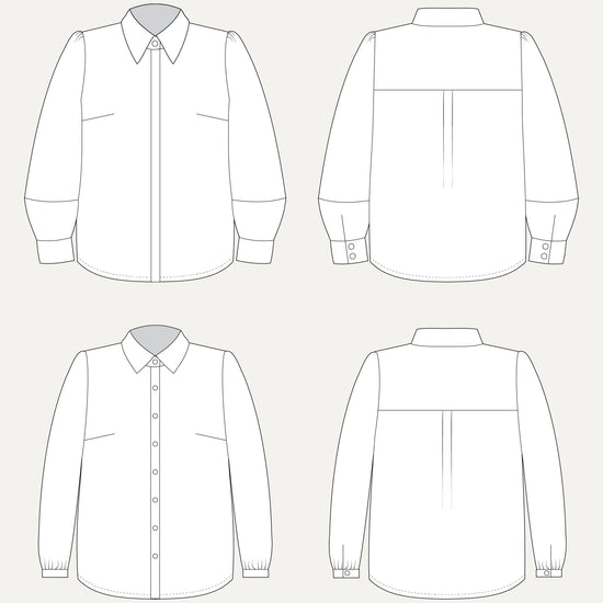 Line drawing of a shirt from front, back, and side views on a white background. This top is the Vernon Shirt sewing pattern from Cashmerette.