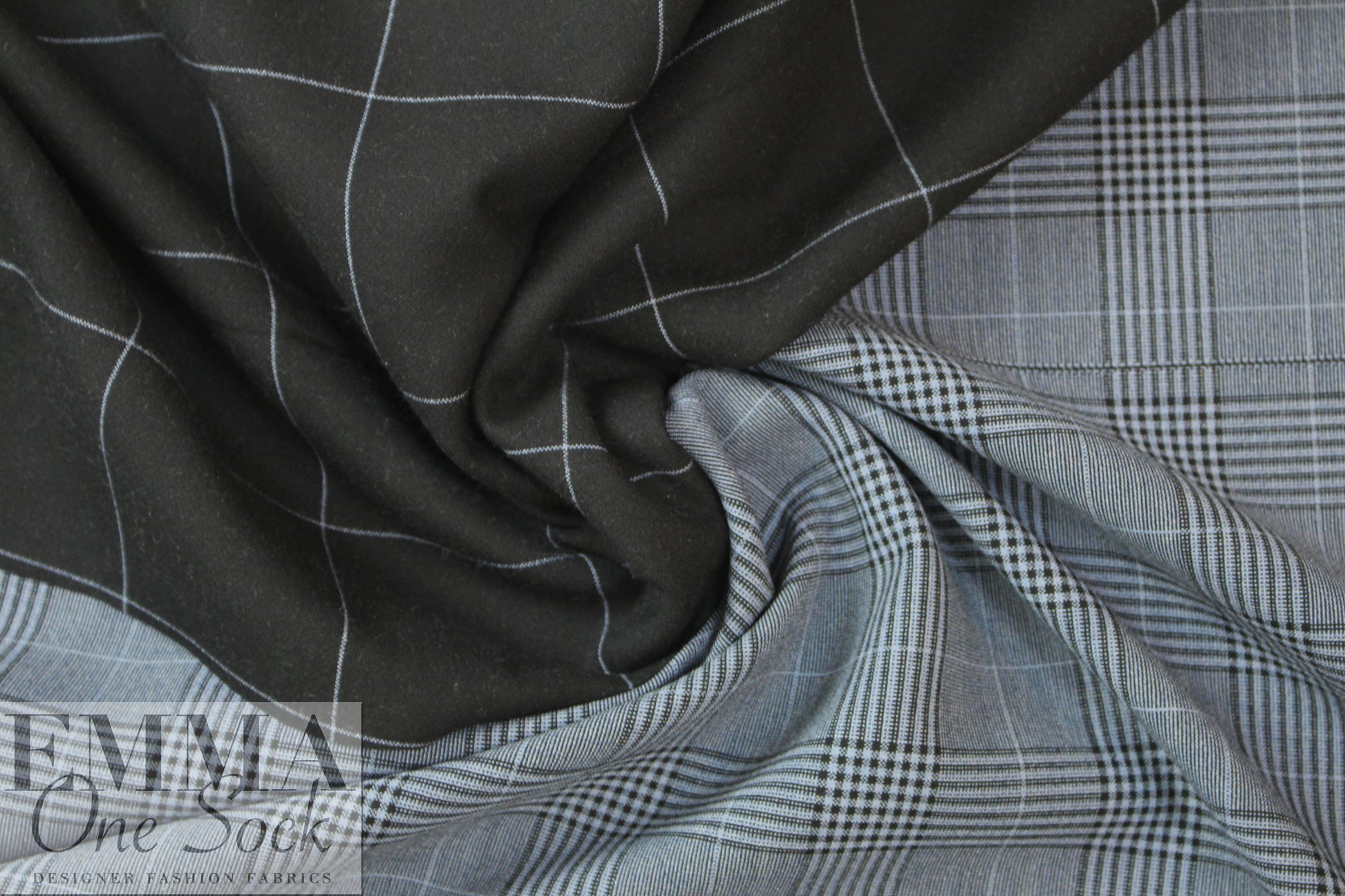 Italian black/dusty blue glen plaid reversible suiting 2 yd