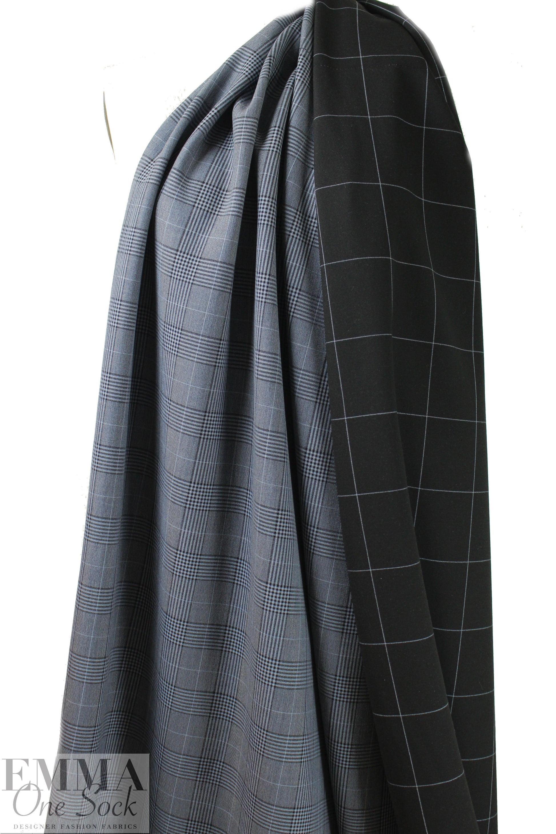 Italian black/dusty blue glen plaid reversible suiting .5 yds