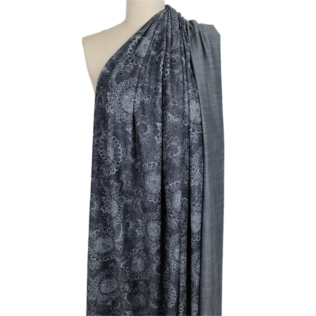 Italian 'floral medalion' reversible lighter weight denim 1 yard